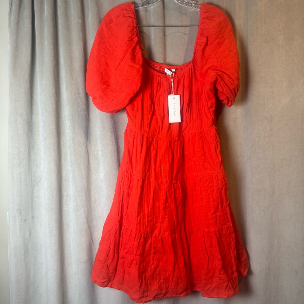 Sim & Sam Vibrant Red orange Dress made‎ in India new lined soft Smocked New